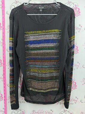 Azi long sleeve Black Long-Sleeve Sheer Top with Multicolor Rhinestone Stripes